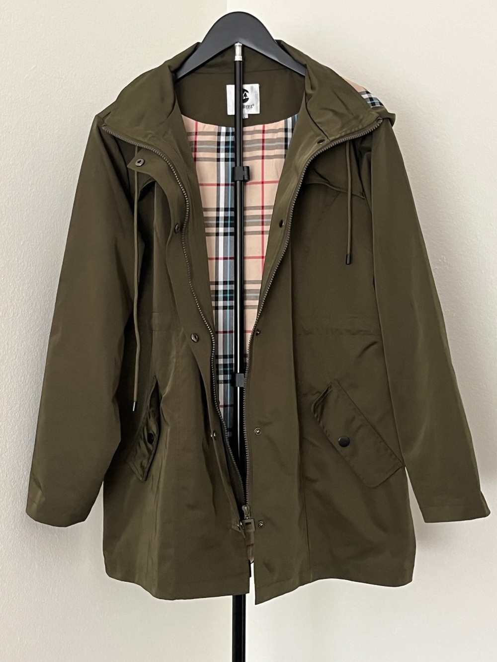 🌿 SaphiRose Olive Green Hooded Trench Coat Plaid Lined | Women's Large